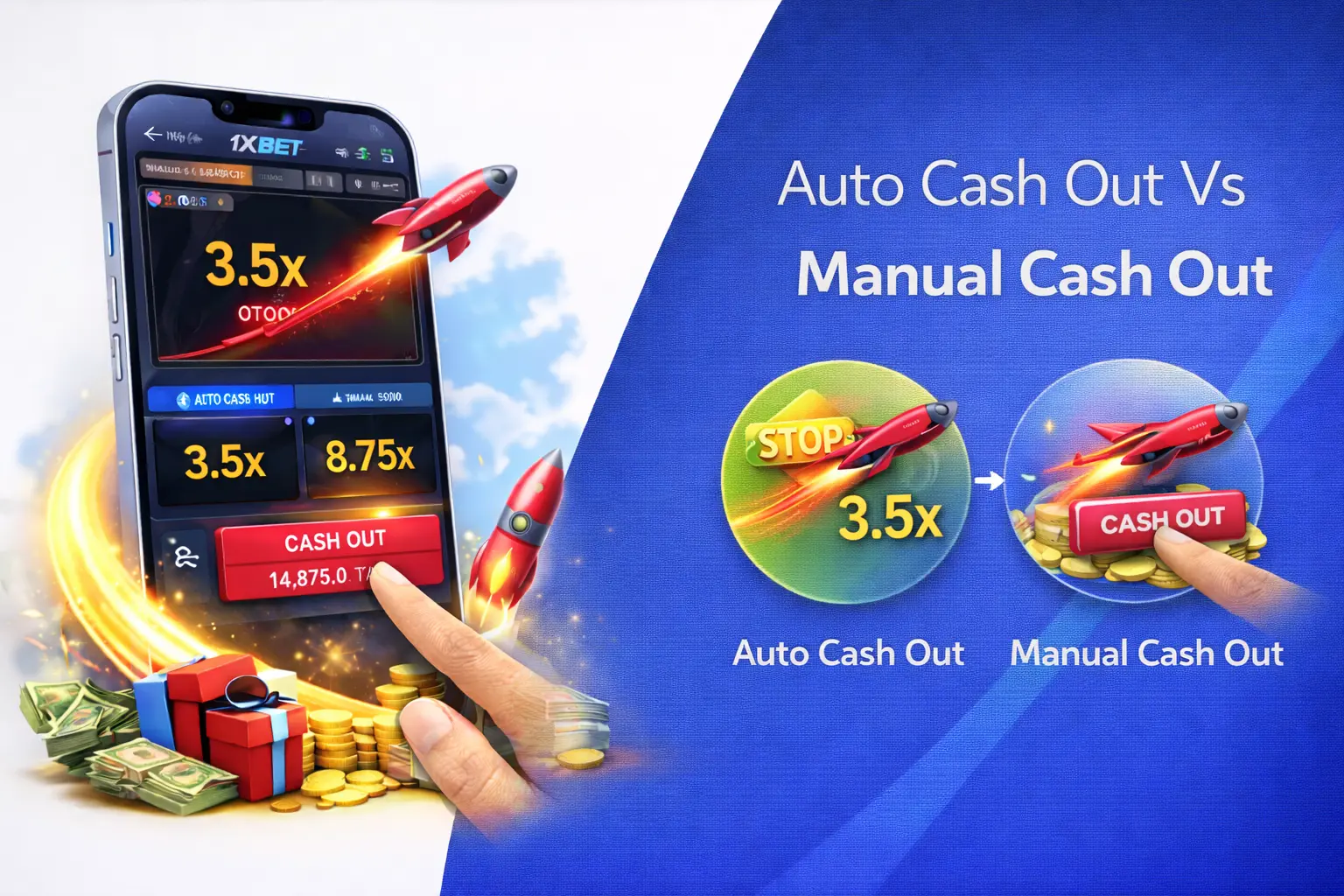 Auto cash out vs manual cash out options in the 1xBet Aviator game