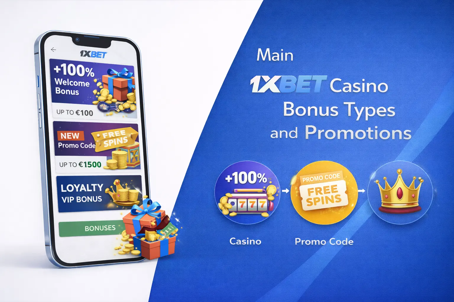 Main 1xBet casino bonus types and promotional offers overview