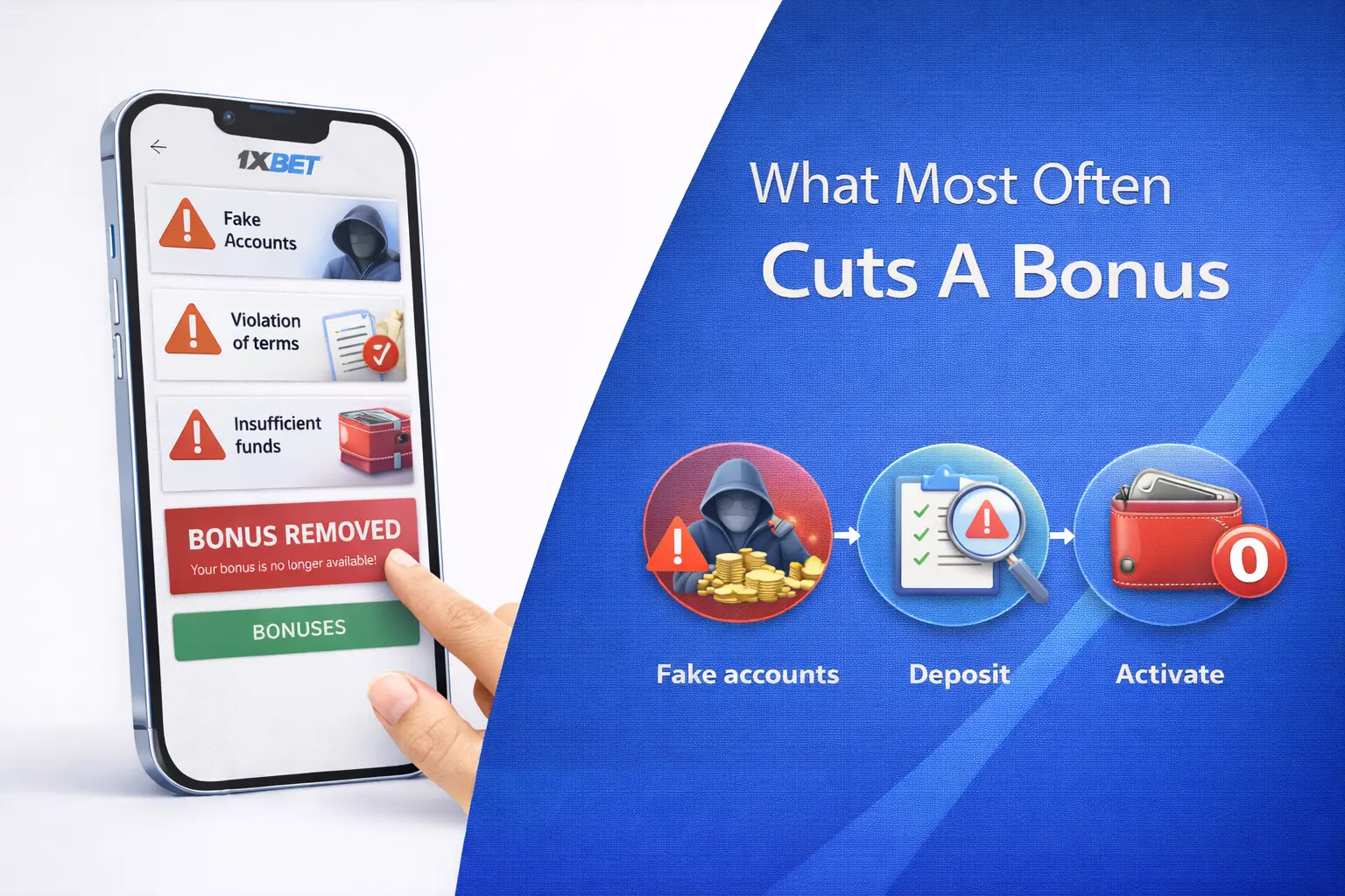 Common reasons that reduce or cancel a 1xBet bonus